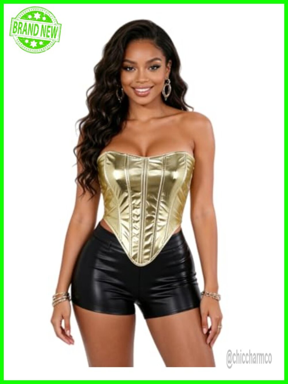 Metallic Faux Leather Corset Top Strapless Lace Up Boned Bustier